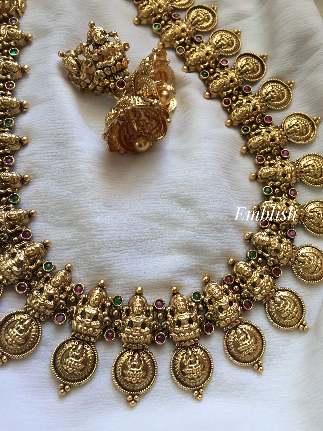 Gold alike Lakshmi coin with double Lakshmi motif annam neckpiece - Red with green 